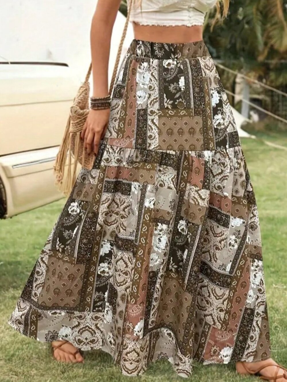 Khaki Casual Women's Patchwork Print Skirt